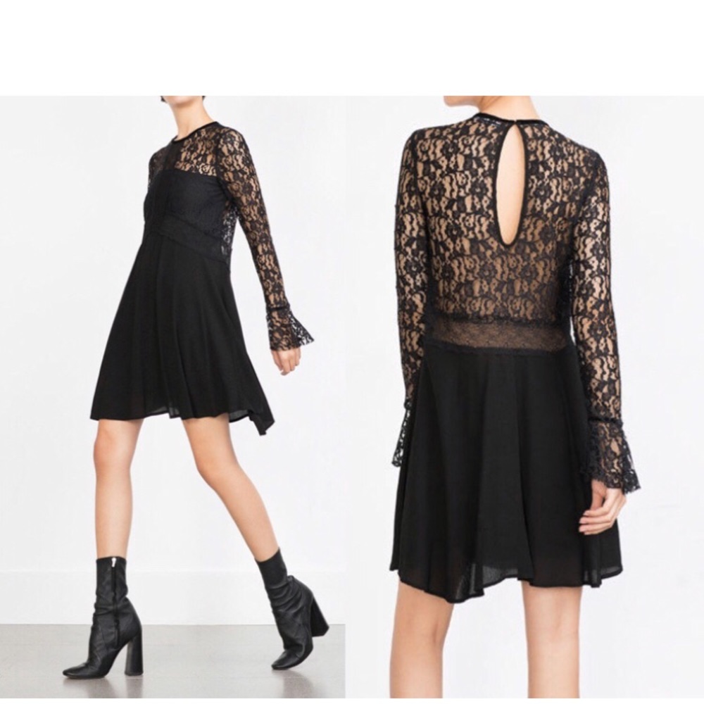 Zara Black Lace Long Sleeve Skater Dress Keyhole Back Size M Blogger Style